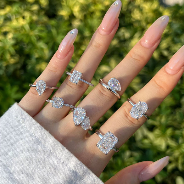 Women's S925 Sterling Silver Ring Geometric Drop Shape Ice Flower Cut Pear Oval Square Sugar Zircon Electroplated Design
