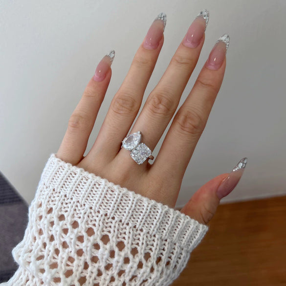Women's S925 Sterling Silver Ring Geometric Style Pear Shape Square Ice Flower Cut Double Zircon Electroplated Design