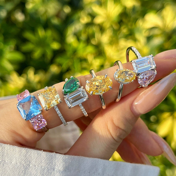 Women's S925 Sterling Silver Ring Light Luxury Geometric Ice Flower Cut High Carbon Diamond Electroplated