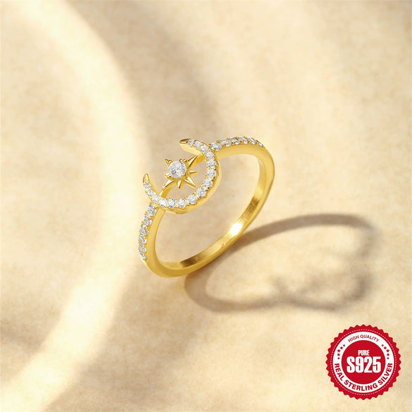 Women's S925 Sterling Silver Ring With High End Niche Design Star Moon Geometric Pattern And Electroplating Process