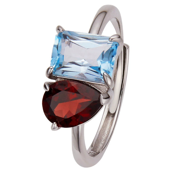 Women's S925 Sterling Silver Ring With Natural Topaz Garnet Amethyst Citrine Double Main Stone Geometric Drop Shape Crystal Set