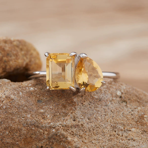 Women's S925 Sterling Silver Ring With Natural Topaz Garnet Amethyst Citrine Double Main Stone Geometric Drop Shape Crystal Set