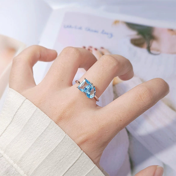 Women's S925 Sterling Silver Ring With Natural Topaz Garnet Amethyst Citrine Double Main Stone Geometric Drop Shape Crystal Set