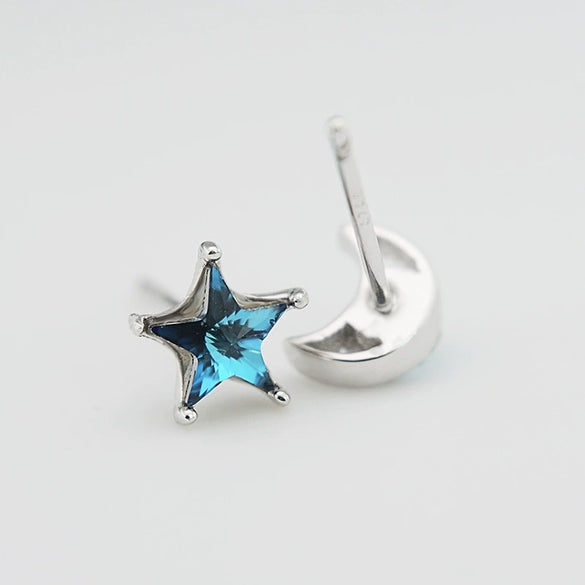 Women's S925 Sterling Silver Star And Moon Earrings With Blue Crystal Inlay Fresh Minimalist Versatile Stud Earrings