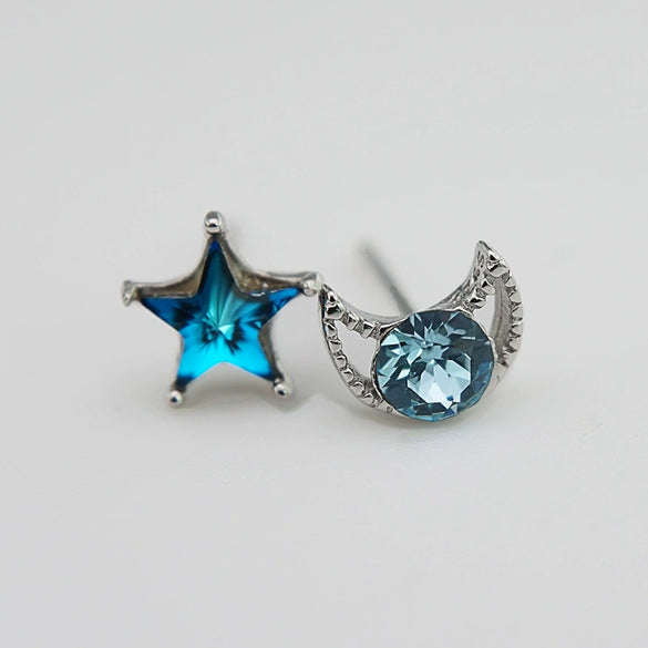 Women's S925 Sterling Silver Star And Moon Earrings With Blue Crystal Inlay Fresh Minimalist Versatile Stud Earrings