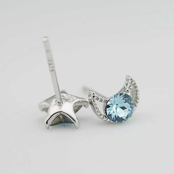 Women's S925 Sterling Silver Star And Moon Earrings With Blue Crystal Inlay Fresh Minimalist Versatile Stud Earrings