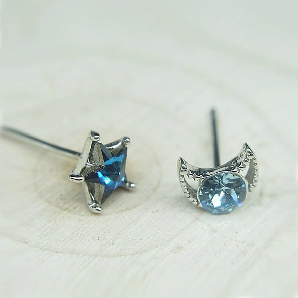 Women's S925 Sterling Silver Star And Moon Earrings With Blue Crystal Inlay Fresh Minimalist Versatile Stud Earrings
