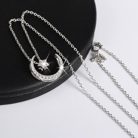 Women's S925 Sterling Silver Star And Moon Necklace With Micro Inlay Full Diamond Pendant Water Wave Clavicle Chain Electroplated Jewelry
