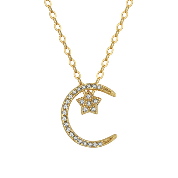 Women's S925 Sterling Silver Star And Moon Necklace With Micro Inlay Full Diamond Pendant Water Wave Clavicle Chain Electroplated Jewelry