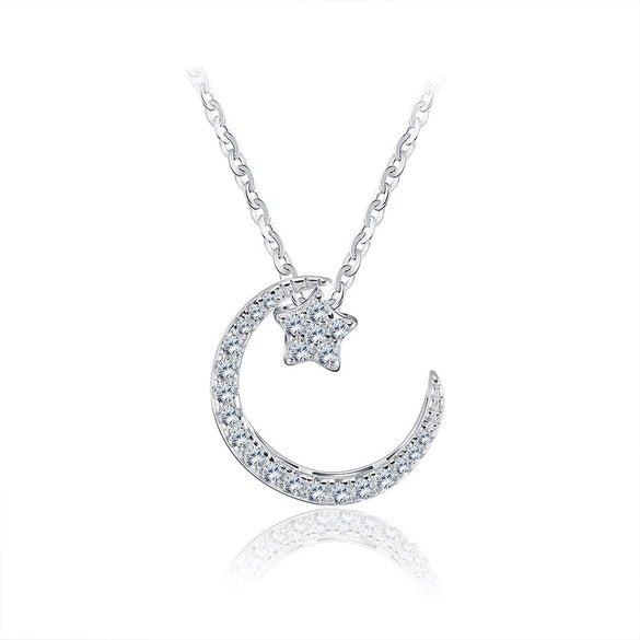 Women's S925 Sterling Silver Star And Moon Necklace With Micro Inlay Full Diamond Pendant Water Wave Clavicle Chain Electroplated Jewelry
