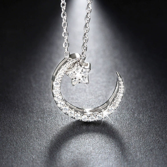 Women's S925 Sterling Silver Star And Moon Necklace With Micro Inlay Full Diamond Pendant Water Wave Clavicle Chain Electroplated Jewelry