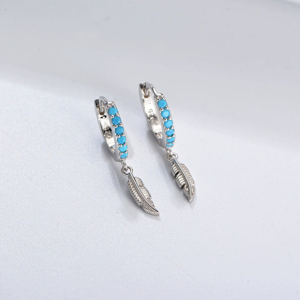 Women's S925 Sterling Silver Turquoise Feather Ear Jewelry With Diamond Design