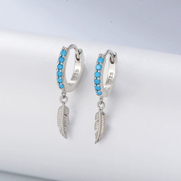 Women's S925 Sterling Silver Turquoise Feather Ear Jewelry With Diamond Design