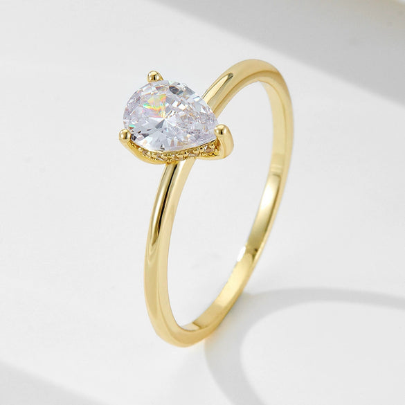 Women's S925 Sterling Silver Water Drop Zircon Ring Simulated Diamond Classic Style Hand Jewelry