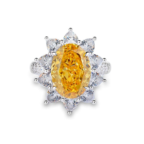 Women's S925 Sterling Silver Yellow Diamond Ring With Geometric Style And Ice Flower Cut