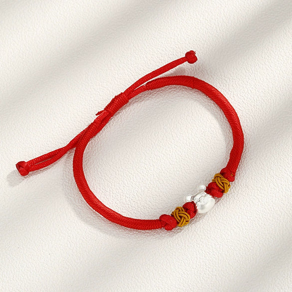 Women's S925 Sterling Silver Zodiac Rat Red Rope Bracelet Handwoven Animal Charm Bracelet With Electroplated Niche Design
