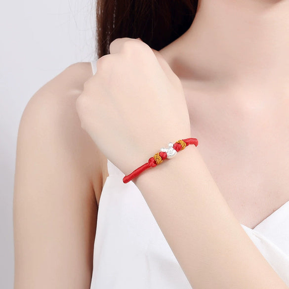 Women's S925 Sterling Silver Zodiac Rat Red Rope Bracelet Handwoven Animal Charm Bracelet With Electroplated Niche Design