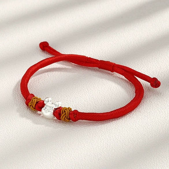 Women's S925 Sterling Silver Zodiac Rat Red Rope Bracelet Handwoven Animal Charm Bracelet With Electroplated Niche Design