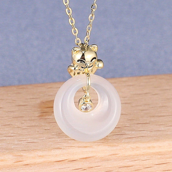 Women's S925 Sterling Silver Zodiac Tiger Pendant Necklace With Chalcedony Cartoon Tiger Design And Light Luxury Gold Tone Clavicle Chain