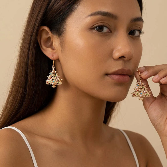 Women's Santa Claus Christmas Tree Drop Earrings With Rhinestone Accents Alloy Electroplated Cartoon Holiday Ear Hooks