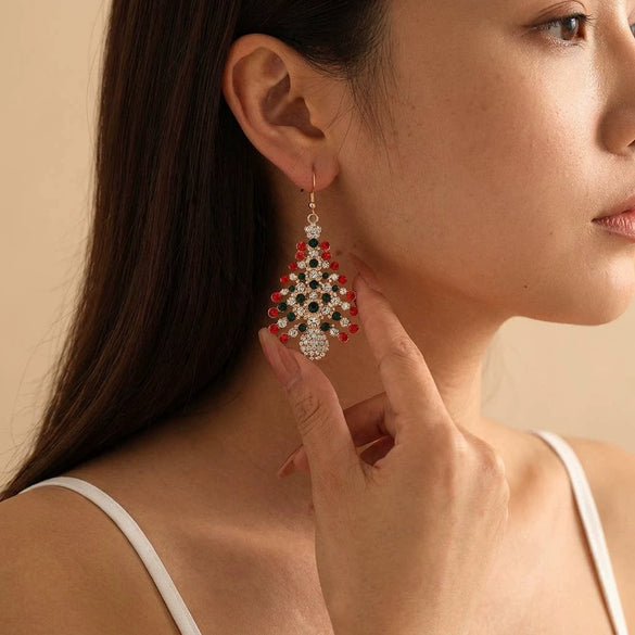 Women's Santa Claus Christmas Tree Drop Earrings With Rhinestone Accents Alloy Electroplated Cartoon Holiday Ear Hooks