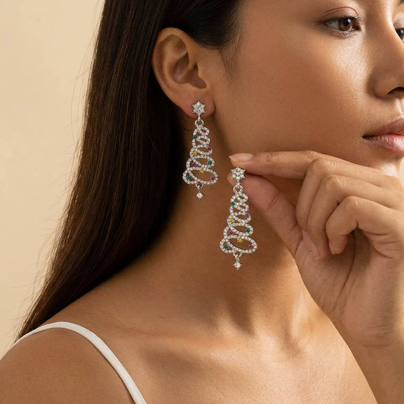 Women's Santa Claus Christmas Tree Drop Earrings With Rhinestone Accents Alloy Electroplated Cartoon Holiday Ear Hooks