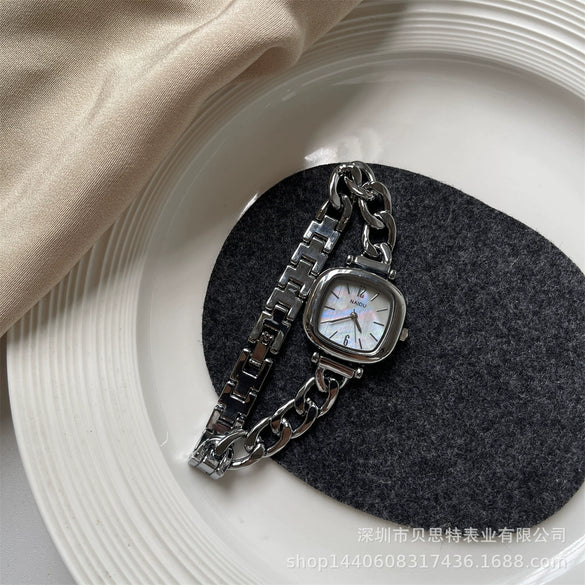 Women's Sea Blue Motherofpearl Sugar Cube Metal Case Ordinary Glass Mirror Bracelet Watch Simple Cold Light Luxury Style