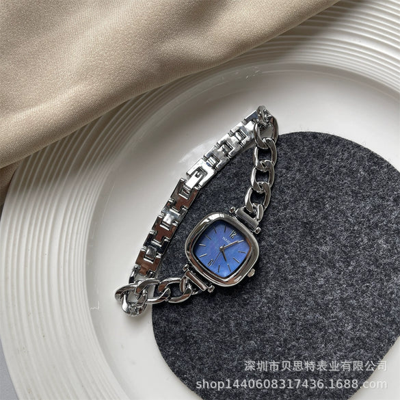 Women's Sea Blue Motherofpearl Sugar Cube Metal Case Ordinary Glass Mirror Bracelet Watch Simple Cold Light Luxury Style