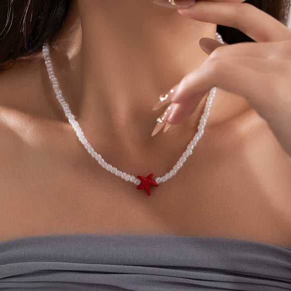 Women's Seaside Casual Handmade Starfish Necklace With Imitation Pearls And Resin Pendant Ball Chain Style