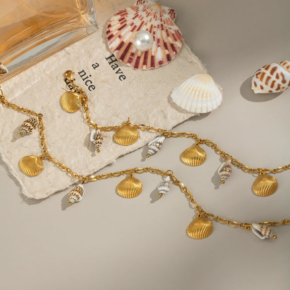 Women's Shell Conch Ocean Style Necklace Bracelet Set In Stainless Steel With Little Bear Pig Small Animal Pattern And Electroplating