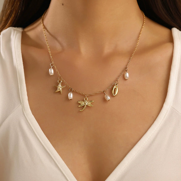 Women's Shell Necklace Zinc Alloy Star Shape Pendant Double Layer Stacked Electroplating Imitation Pearl Minimalist Design