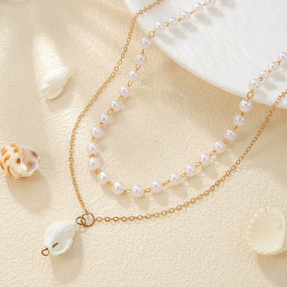 Women's Shell Necklace Zinc Alloy Star Shape Pendant Double Layer Stacked Electroplating Imitation Pearl Minimalist Design