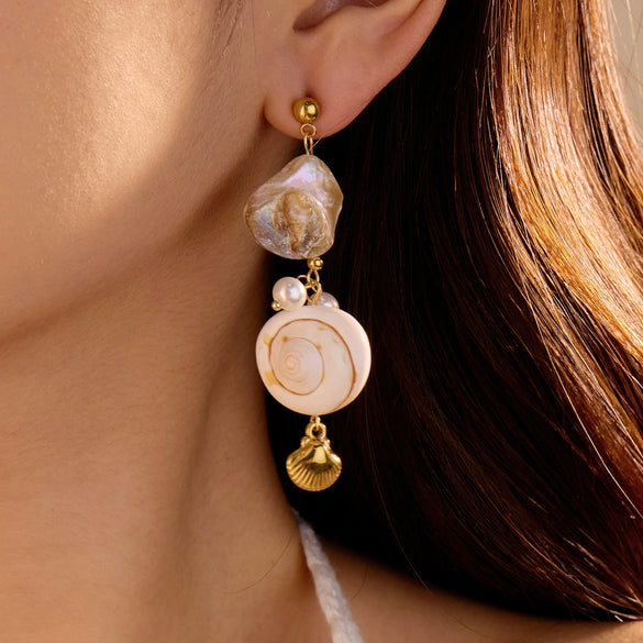 Women's Shell Pearl Tassel Stainless Steel 18K Electroplated Earrings