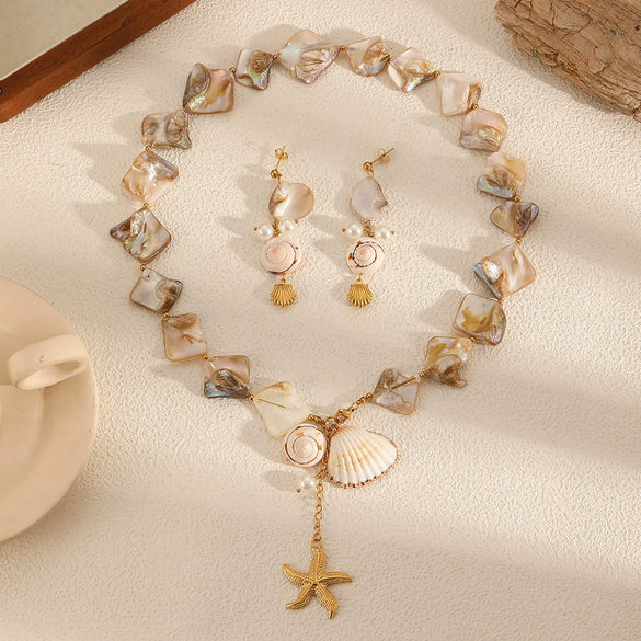 Women's Shell Stainless Steel Highend Ocean Style Electroplated Necklace And Earrings Jewelry Set With Ball Chain