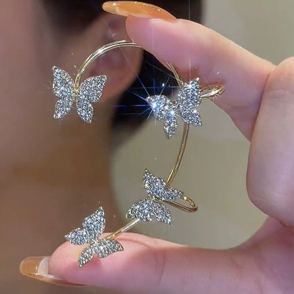 Women's Shining Butterfly Ear Clip Earrings With Gold Plated Artificial Gemstones Electroplated Metal Fairy Style Statement Jewelry