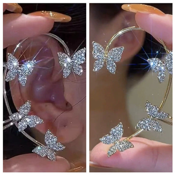 Women's Shining Butterfly Ear Clip Earrings With Gold Plated Artificial Gemstones Electroplated Metal Fairy Style Statement Jewelry