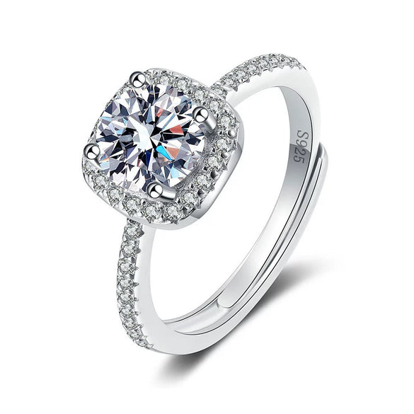 Women's Silver Adjustable Open Ring With Square Geometric High Carbon Stone Micro Set Electroplated Finish