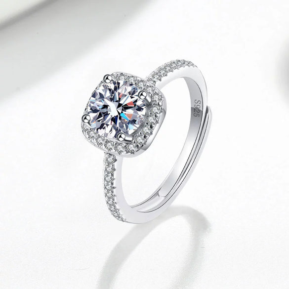 Women's Silver Adjustable Open Ring With Square Geometric High Carbon Stone Micro Set Electroplated Finish