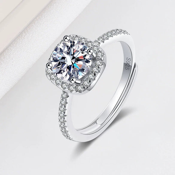 Women's Silver Adjustable Open Ring With Square Geometric High Carbon Stone Micro Set Electroplated Finish