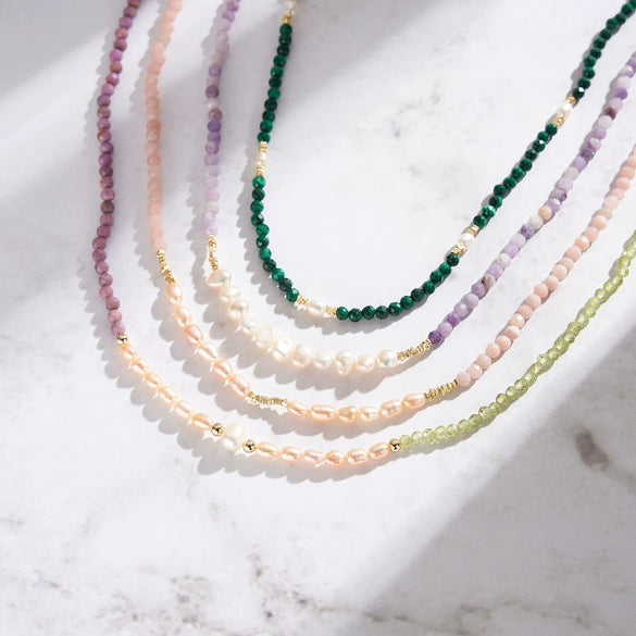 Women's Silver Ball Chain Natural Freshwater Pearl And Malachite Beaded Necklace Geometric Style Jewelry