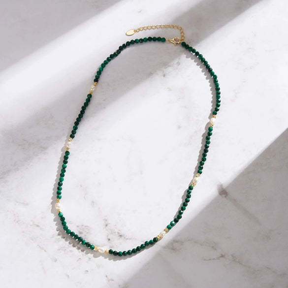 Women's Silver Ball Chain Natural Freshwater Pearl And Malachite Beaded Necklace Geometric Style Jewelry