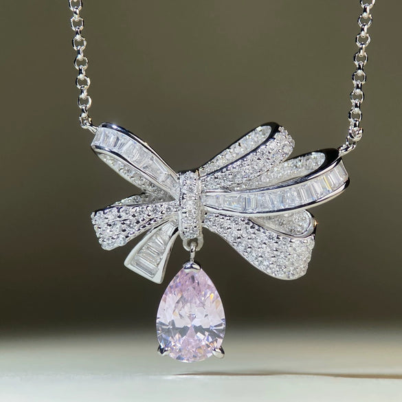 Women's 925 Silver Bow Water Drop Pendant Necklace With Full Diamond Inlay And Platinum Plating