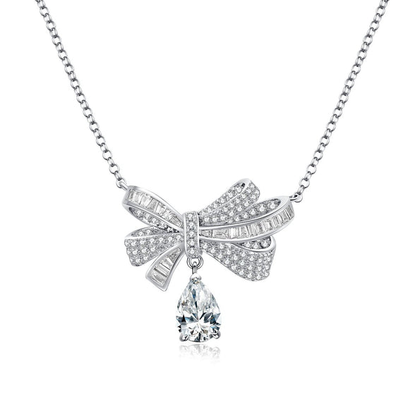 Women's 925 Silver Bow Water Drop Pendant Necklace With Full Diamond Inlay And Platinum Plating