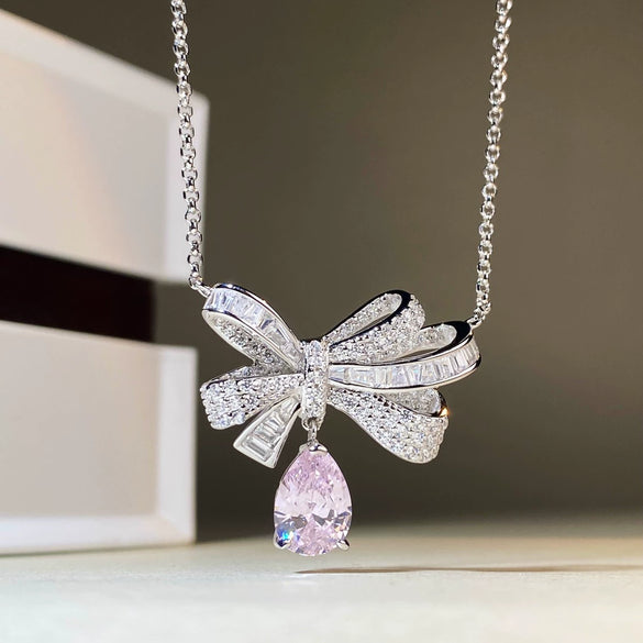 Women's 925 Silver Bow Water Drop Pendant Necklace With Full Diamond Inlay And Platinum Plating