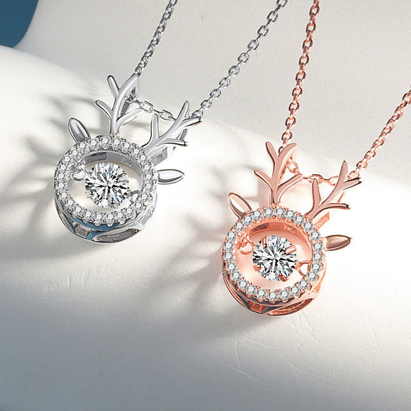 Women's 925 Silver Deer Pendant Necklace With Zircon Electroplated Cross Chain Fashion Clavicle Necklace Gift