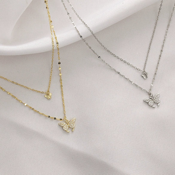 Women's 925 Silver Double Butterfly Necklace With Cross Chain Electroplated Fresh Style Pendant