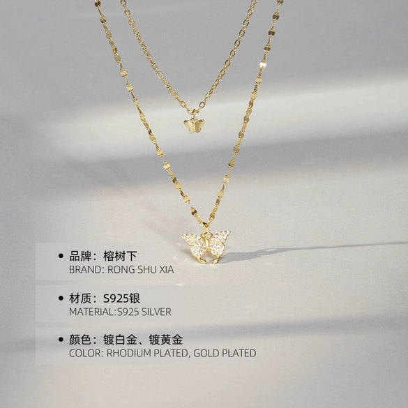 Women's 925 Silver Double Butterfly Necklace With Cross Chain Electroplated Fresh Style Pendant