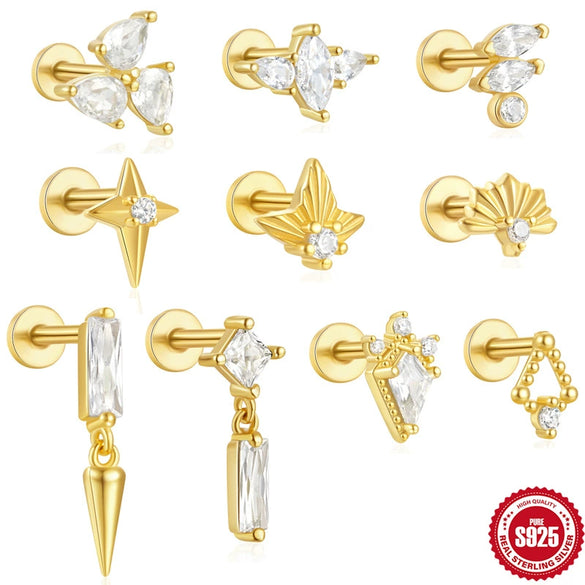 Women's Silver Flat Bottom Internal Thread Piercing Cartilage Ear Stud With Love Butterfly Stacked Design And Flower Pattern Electroplated