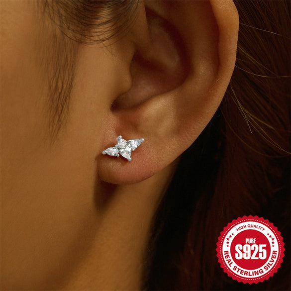 Women's Silver Flat Bottom Internal Thread Piercing Cartilage Ear Stud With Love Butterfly Stacked Design And Flower Pattern Electroplated