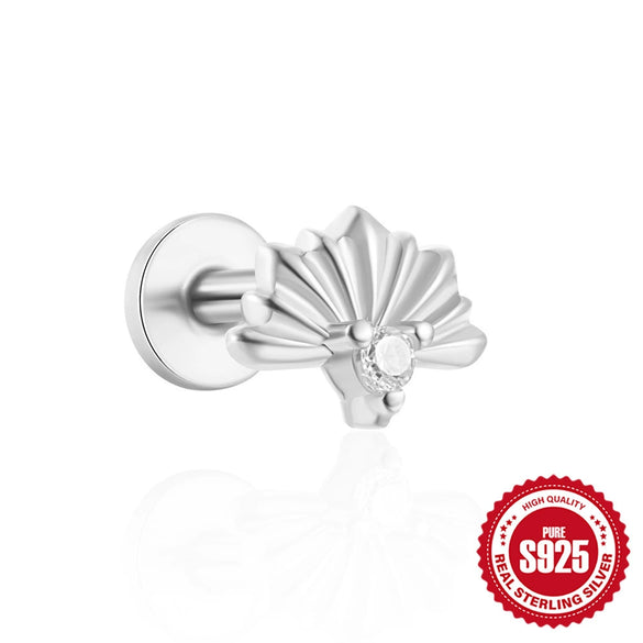 Women's Silver Flat Bottom Internal Thread Piercing Cartilage Ear Stud With Love Butterfly Stacked Design And Flower Pattern Electroplated